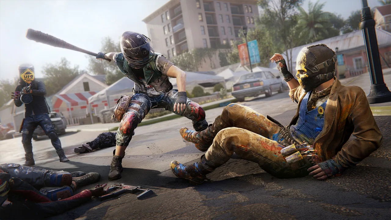 A character in a helmet swings a baseball bat at a masked survivor sitting on a street, with a third player aiming a weapon on the left, in Once Human