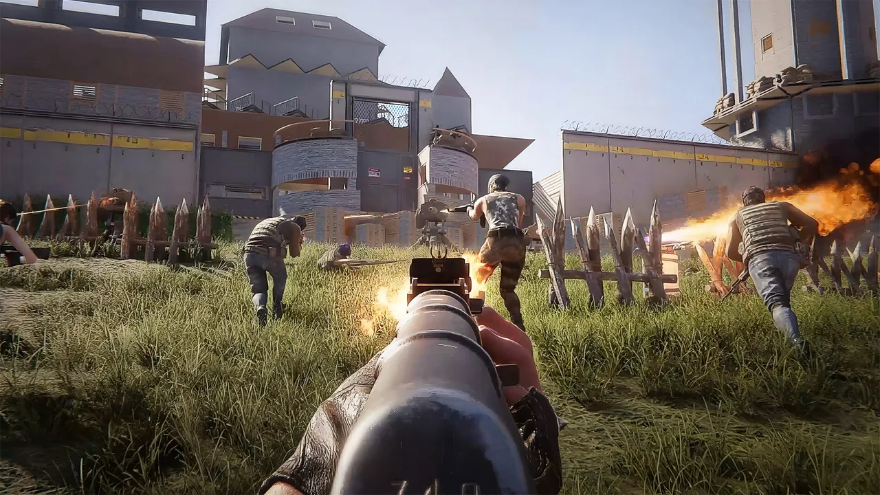 Once Human first-person view of a squad advancing through grass toward a walled compound, with a flamethrower burning at the right of the screen