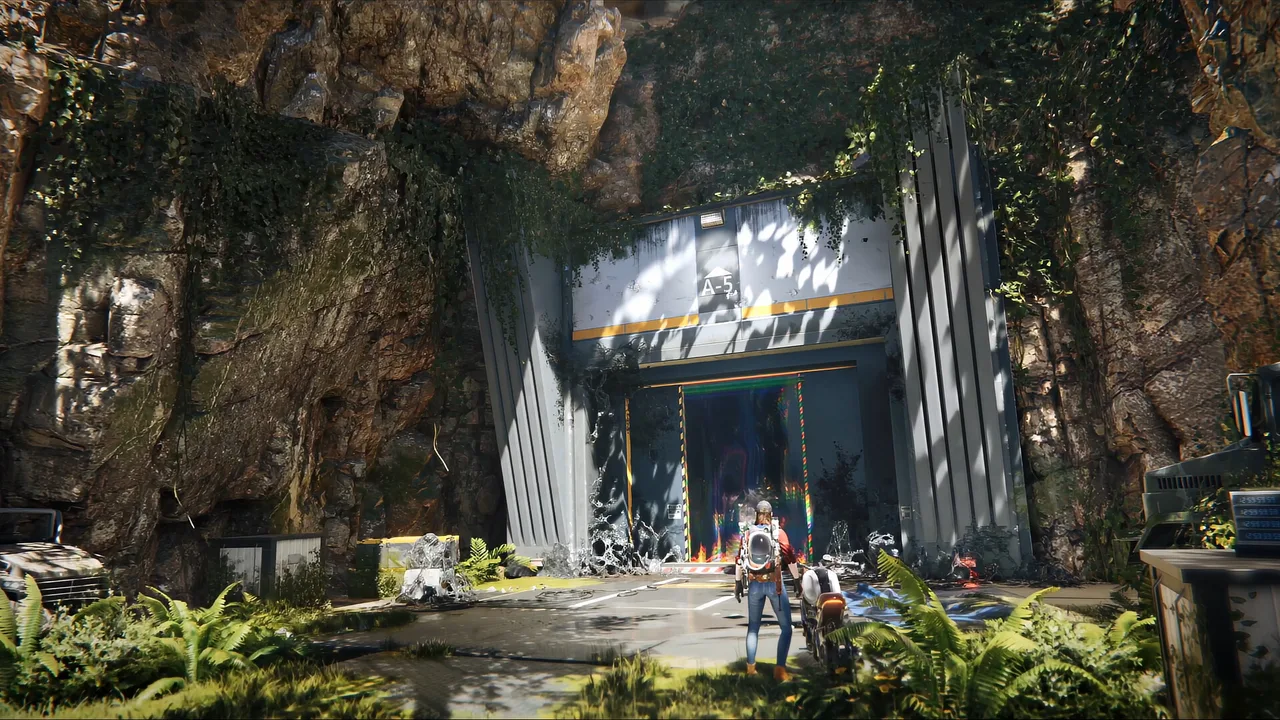 Player standing before a vine-covered bunker gate marked A-5 in a rocky hillside