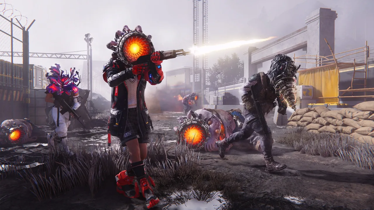 Once Human player with a glowing orange eye-like growth for a head firing a rifle in a foggy industrial yard, with a squadmate and a downed mutant nearby