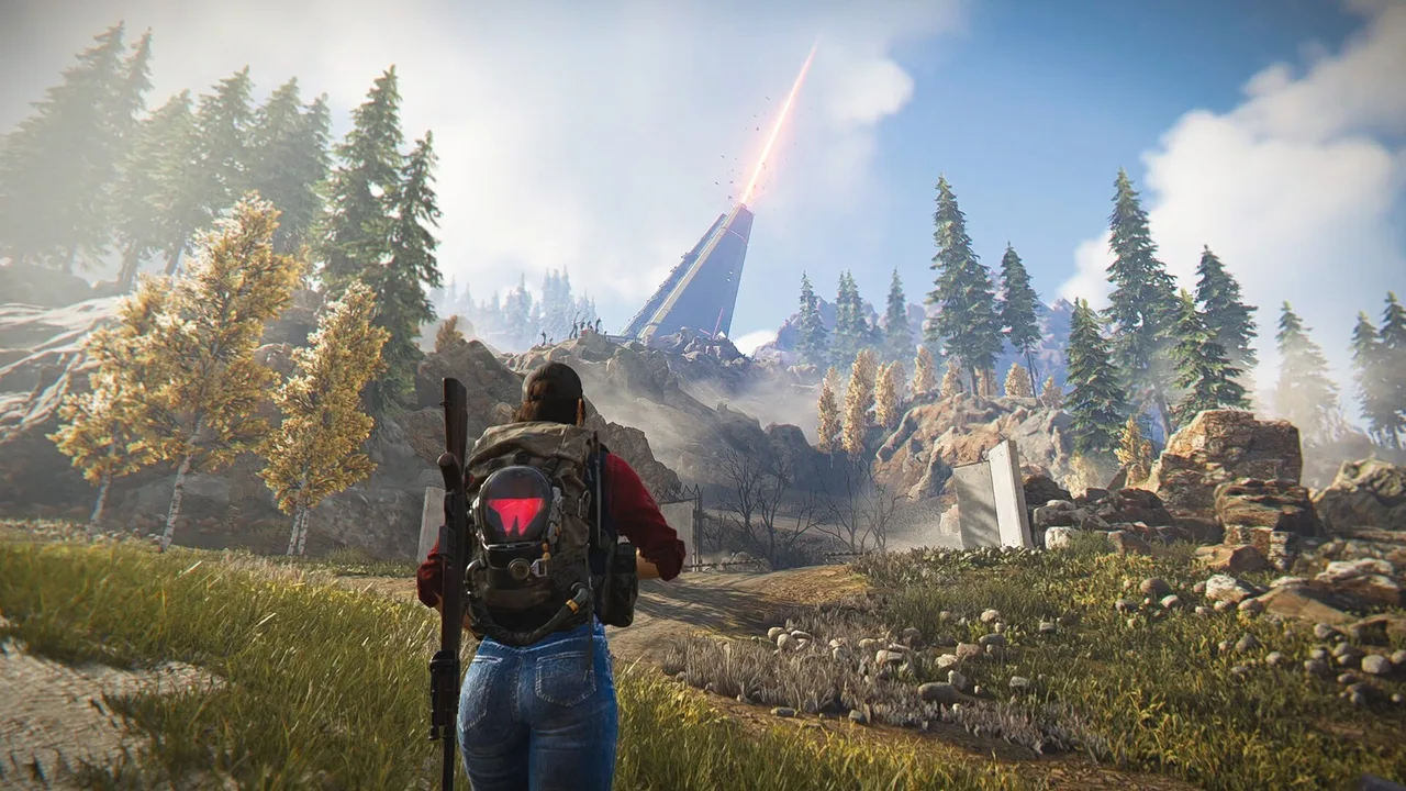 Once Human survivor with a rifle on their back walking toward a tall angular tower firing a red beam into the sky