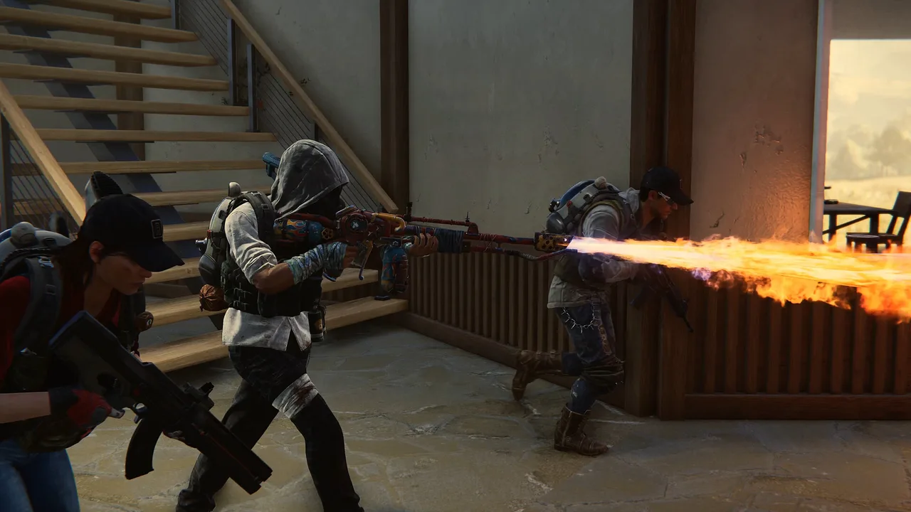 Once Human squad advancing indoors with rifles while one player fires a flamethrower