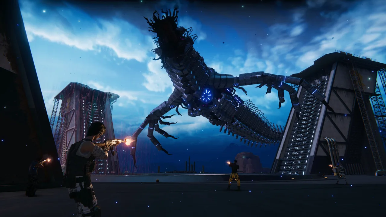 Once Human players shooting at a giant skeletal winged boss between two tall towers at night