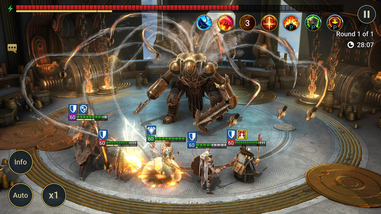 RAID: Shadow Legends battle screen with five level 60 champions facing a large bronze-armored boss in a circular arena, with Info, Auto and x1 buttons at the bottom left