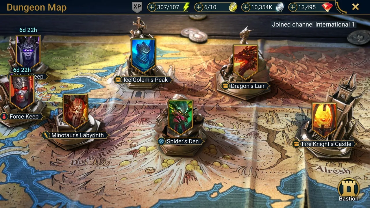 RAID: Shadow Legends dungeon map showing Ice Golem's Peak, Dragon's Lair, Minotaur's Labyrinth, Spider's Den, Fire Knight's Castle and Force Keep on a parchment map, with energy, silver and gem counters at the top