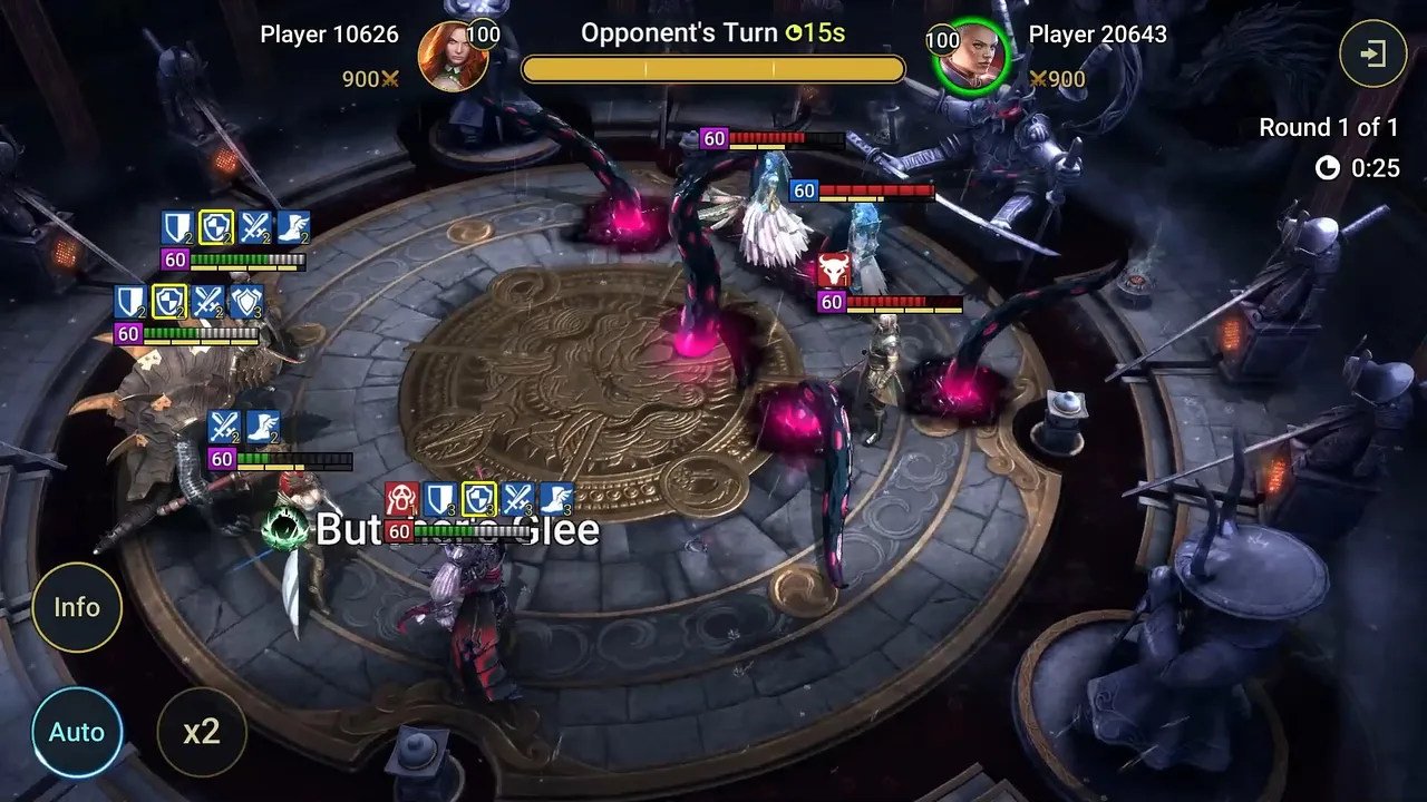 RAID: Shadow Legends PvP battle with two teams of level 60 champions facing off on a circular stone arena, with Auto and x2 buttons at the bottom left