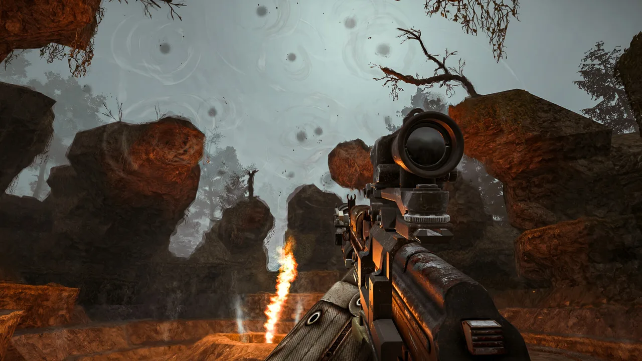 First-person view of a scoped rifle aimed across an anomaly-scarred rocky area in STALZONE